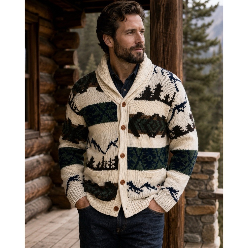 Woolrich Mens L 100% Lambswool Shawl Collar Cardigan Sweater Lodge Outdoors